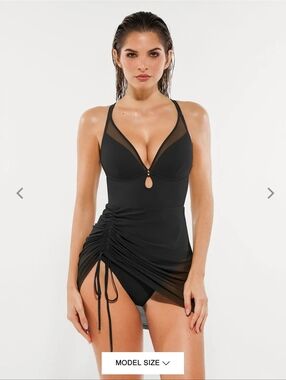 Popilush Sculpting Curve Mesh Skirt Dress One-Piece Swimsuit Black NWT